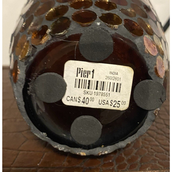 Pier 1 Stained Glass Red Iridescent Mosaic Vase /Centerpiece 10” Tall Metal Trim - Picture 6 of 8